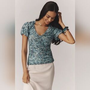 Anthropologie Short Sleeve Shirred Mesh Top Blue Floral Size XL NWT